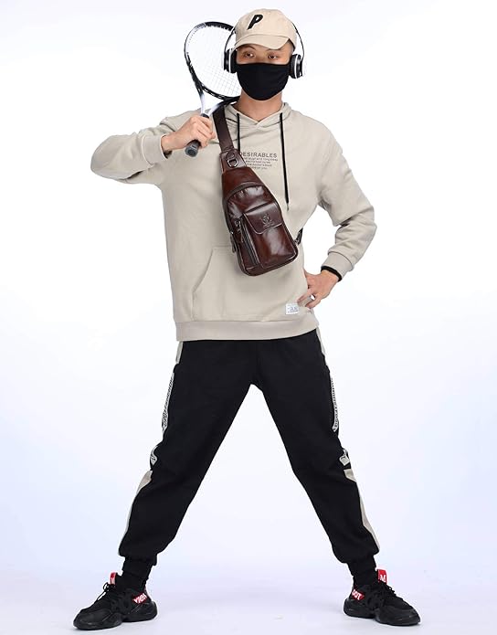 BULLCAPTAIN Mens Leather Crossbody Bag Shoulder Sling Bag Casual Daypacks Chest Bags for Travel Hiking Backpacks