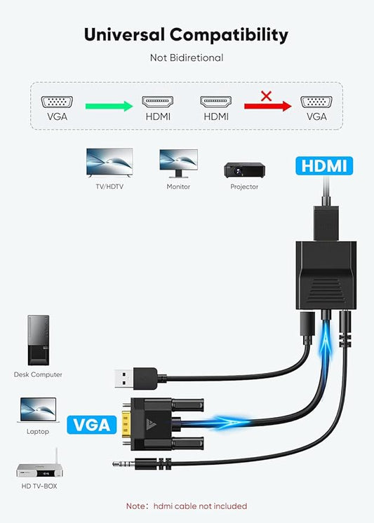 FOINNEX VGA to HDMI Adapter, 1080P Converter with USB Audio from Old Computer/Laptop/Desktop/PC VGA Source to HDMI HDTV/Monitor/Projector/Displayer, 1.5FT