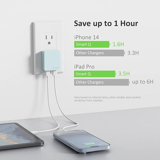 Nekmit Flat USB Wall Charger, Dual Port Slim USB Wall Charger with Smart IC for iPhone 14/14 Pro/14 Pro Max/13/13 Pro/13 Pro Max/12/12 mini/12 Pro, Galaxy, Pixel, iPad Pro, AirPods and More, Blue