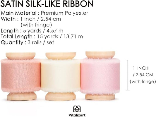 Vitalizart Silk Satin Ribbon 1 Inch x 15 Yard Wooden Spool Pink Handmade Frayed Ribbon for Gift Wrapping Baby Shower Wedding Bridal Bouquets Holiday Decor Hot Blush Pink