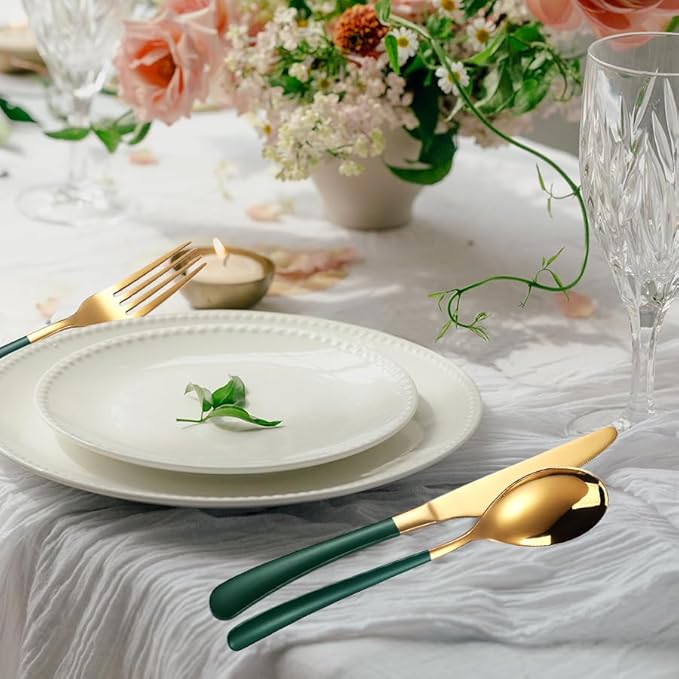 MURRI&MURRDI Stainless Steel Cutlery Set for 1, Reusable Flatware Set with Case, Cutlery Set for Work Stainless Steel Knife Fork Spoon Set 3 Piece (B- 3 Green Gold)