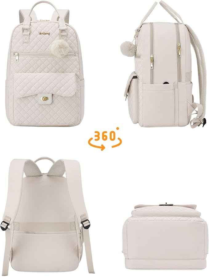 Teen Girls Backpack Aesthetic Bookbag for School, Women Laptop Bag with Charging Hole for Work Travel Middle High School Big Student, Beige