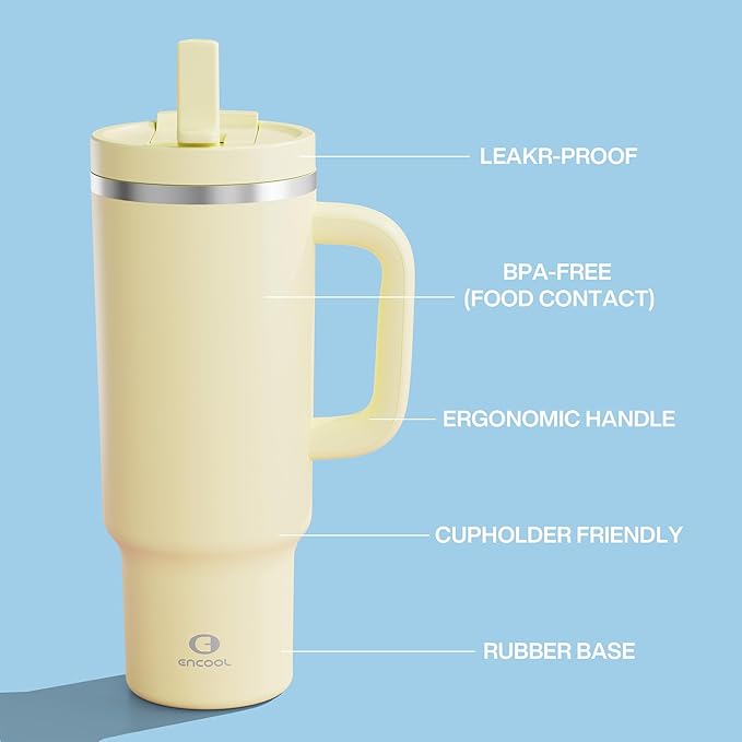 40 oz Tumbler with Handle and Straw: Stainless Steel Insulated Tumbler Keeps Cold for 24 Hours, Leakproof Travel Cup Fits in Cup Holder and BPA-Free, Light Vanilla