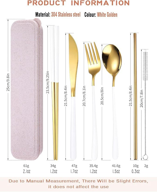 AARAINBOW 6 Pieces 18/8 Stainless Steel Flatware Set Portable Reusable Cutlery Set Travel Utensils Set Including Chopsticks Knife Fork Spoon Straws Cleaning Brush Dishwasher Safe (White golden)