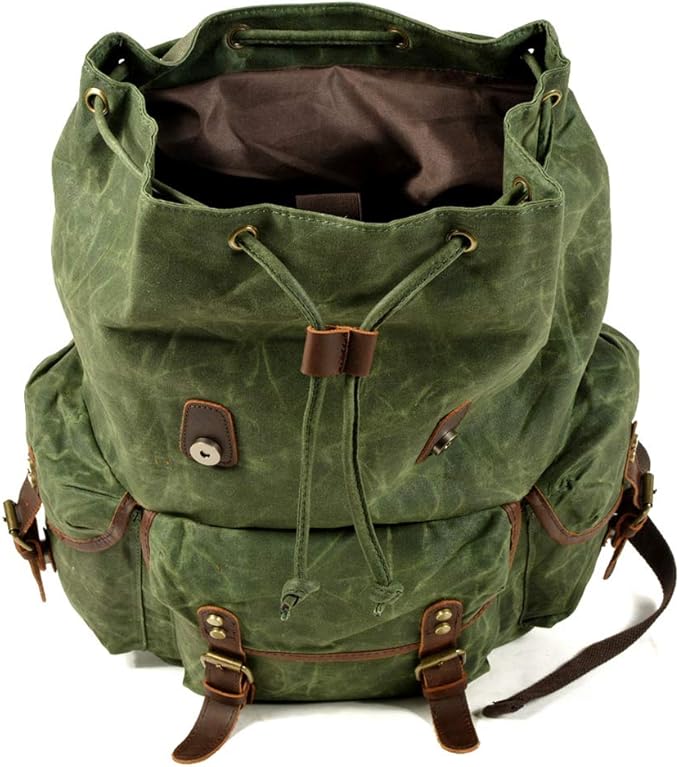 WUDON Leather Backpack for Men, Waxed Canvas Shoulder Rucksack Carry-On Travel Backpack