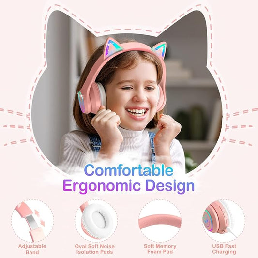LOBKIN Bluetooth 5.4 Kids Headphones with Case - RGB LED Light Up Cat Ears Foldable Adjustable Over Ear Headphone Support Wireless or 3.5mm Wired Mode for Toddler & Girls & Boys Teens