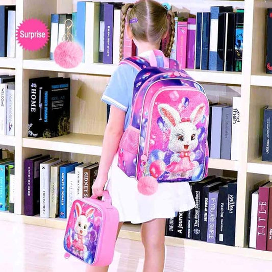3Pcs Backpack for Girls, 16" Sequins Kids Bookbag with Lunch Box, Bunny School Backpacks for Elementary Preschool Kindergarten (Pink)