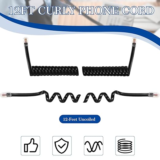 Kanayu 20 Pack Black Phone Handset Cord 12ft Telephone Cord for Landline Coiled Phone Wire Bulk for Use with All Landline Telephone Line Replacement Cable Accessory