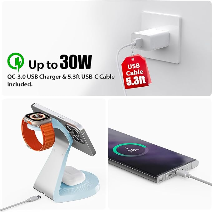 3 in 1 Charging Station for Apple Devices,Mag-Safe Charger Stand Fast Charging,Wireless Charger for iPhone 16/15/14/13/12 Series,& AirPods,& iWatch(USB Charger Included)
