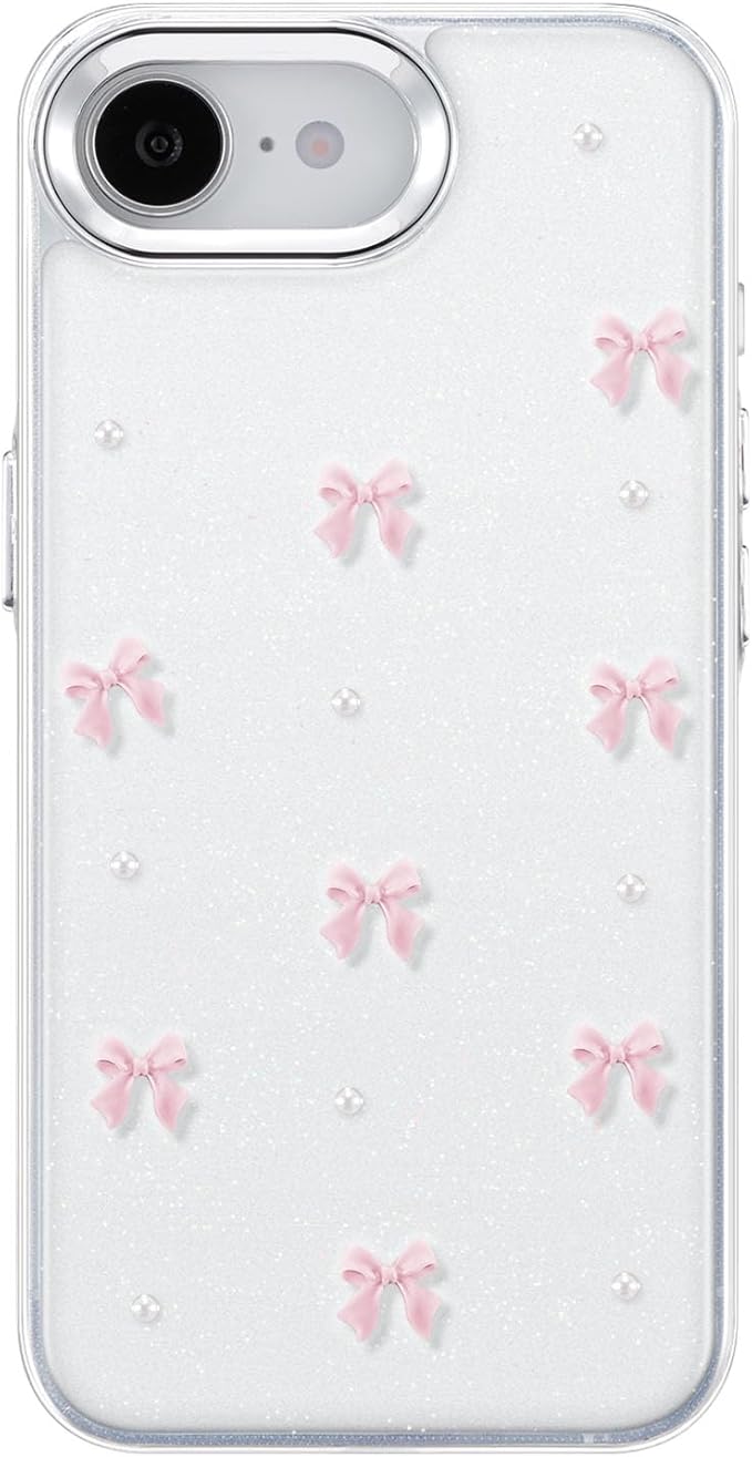 EYZUTAK Case for iPhone 16e, Bling Glitter 3D Bowknot Phone Case Cute Sparkly Crystal Clear Bow Aesthetic Design Cover Slim Soft Durable TPU Transparent Protective Cover for Women Girl - Pink Bow