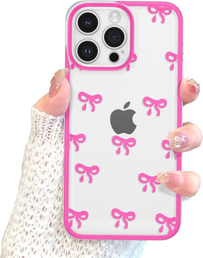 EYZUTAK Case for iPhone 16 Pro, Clear Cute Ribbon Bowknot Pattern Aesthetic Transparent Phone Case Raised Camera Protection Stylish Slim Soft Durable TPU Protective Cover for Women Girls - Rose Red