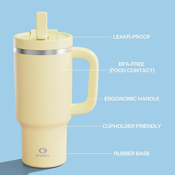 32 oz Tumbler with Handle and Straw: Stainless Steel Insulated Tumbler Keeps Cold for 24 Hours, Leakproof Travel Cup Fits in Cup Holder and BPA-Free,Light Vanilla