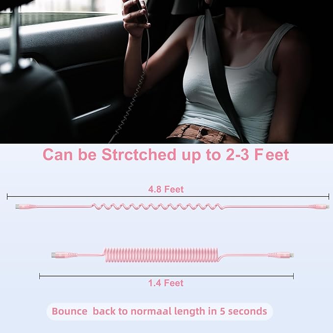 KIYODA USB C to Lightning Cable 3FTfor Car, Coiled iPhone Charger Fast Charging Short USBC Lightning iPhone Cord for iPhone14/13/12/11 Pro Max/iPad/CarPlay- 2Pack Pink