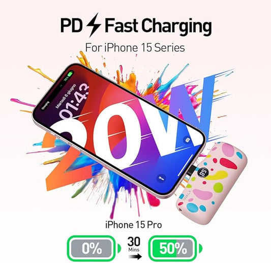 iWALK USB-C Portable Charger with Colorful Pattern, 20W PD Fast Charging 4800mAh Small Power Bank with LED Display, Compatible with iPhone 16/15, 16/15 Plus, 16/15 Pro Max, iPad, Airpods, Pink