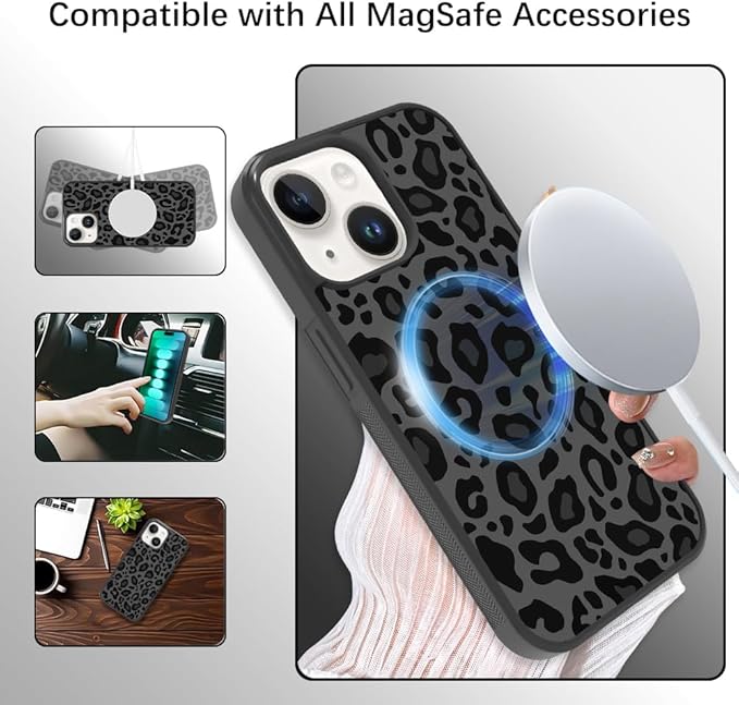 KANGHAR Case Compatible with iPhone 15 Plus,Black Leopard Design Compatible with MagSafe,Tire Texture Non-Slip +Shockproof Rugged TPU Protective Magnetic Case Designed for iPhone 15 Plus 6.7 Inch