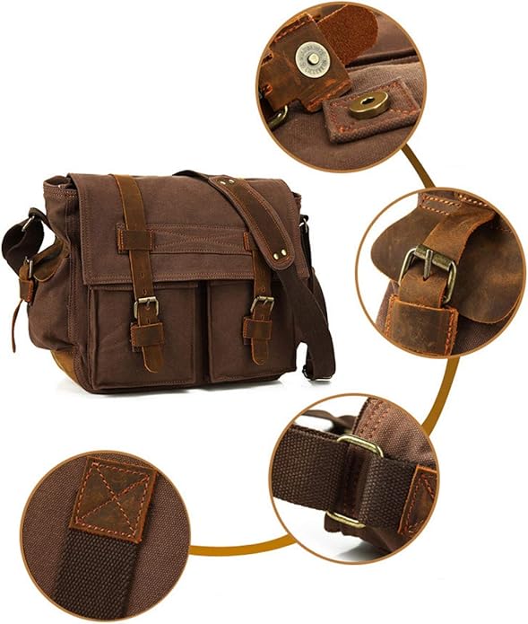 Sechunk Vintage Military Leather Canvas Laptop Bag Messenger Bags Medium