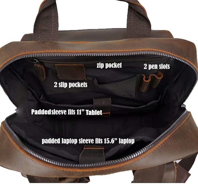 Masa Kawa Leather Backpack for Men Vintage 15.6 Inch Laptop Bag Multi Pockets Casual Travel Daypack Brown