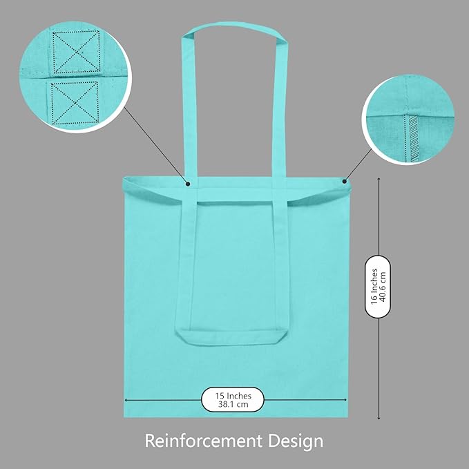 TOPDesign 12-Pack Economical 16"x15" Aqua Blue Cotton Tote Bags, Lightweight Medium Reusable Grocery Shopping Cloth Bags, Suitable for DIY, Advertising, Promotion, Gift, Activity