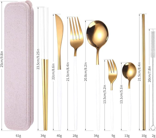 AARAINBOW 8 Pieces Stainless Steel Flatware Set Portable Reusable Cutlery Set Travel Utensils Set Including Chopsticks Knife Fork Spoon Straws Cleaning Brush Dishwasher Safe (White Golden)