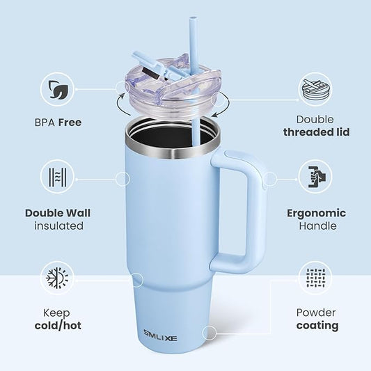 30 oz Tumbler with Handle, Tumbler with Lid and Straw, Double Wall Vacuum Insulated Travel Mug Stainless Steel Tumbler for Hot and Cold, Cupholder Friendly (Blue)