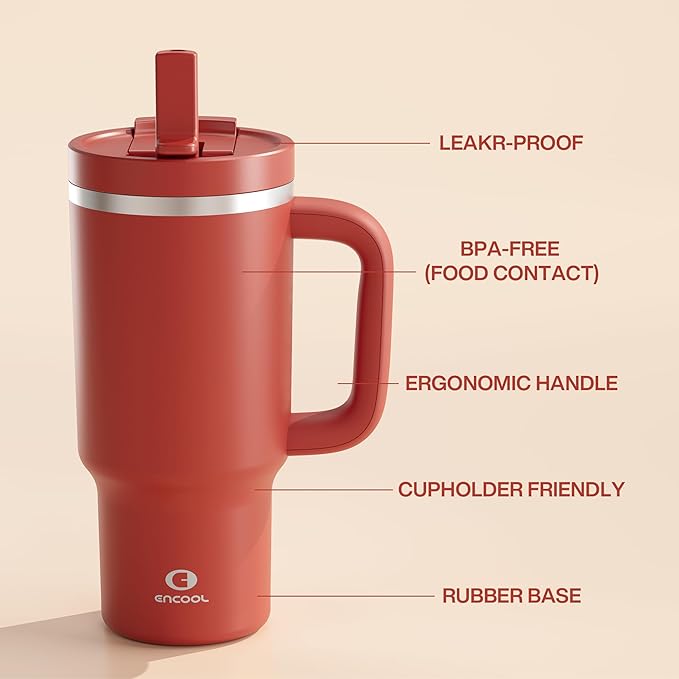 32 oz Tumbler with Handle and Straw: Stainless Steel Insulated Tumbler Keeps Cold for 24 Hours, Leakproof Travel Cup Fits in Cup Holder and BPA-Free, Medium Carmine