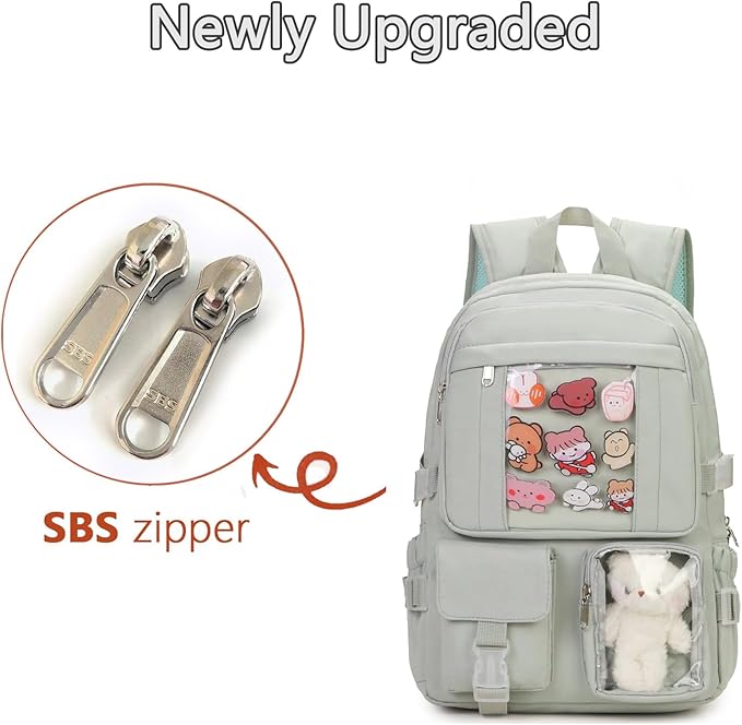 Kawaii Backpack for Teen Girls, Cute Aesthetic High Middle School College Bookbag with Accessories, Green