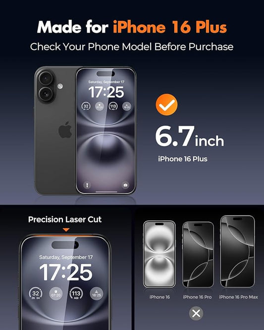 UNBREAKcable 2+2 Pack for iPhone 16 Plus Screen Protector & Lens Protector 【Military-Grade】【Easy Install】【Efficient Night Shot】9H+ Shatterproof Tempered Glass Film,Bubble-Free&Anti-Fingerprint ,Case Friendly-6.7 inch