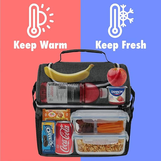 OPUX Lunch Box For Men Women, Insulated Large Double Decker Lunch Bag, Charcoal Gray, 10x7.5x10 Inches