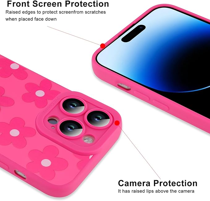 ZIYE for iPhone 14 Pro Max Case Hot Pink Flower Pattern Phone Case with Camera Protection,Soft TPU Silicone Rubber Protective Cover Floral Design Cases Compatible with iPhone 14 Pro Max 6.7 Inch