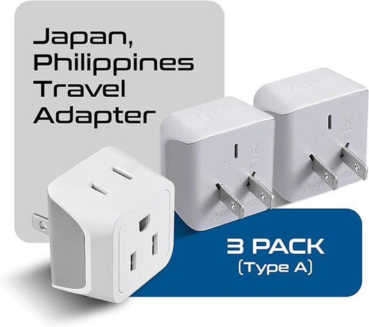 Japan, Philippines Travel Adapter Plug by Ceptics - USA 3 Pin Polarized to 2 Prong Unpolarized - Type A (3 Pack) - Dual Inputs - Ultra Compact - Perfect for Cell Phones, Tablet, Camera Chargers (CT-6)