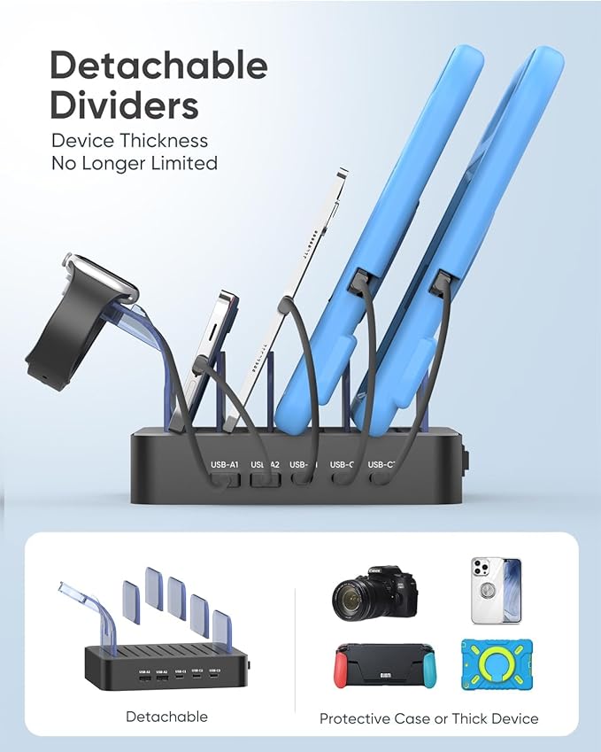 MSTJRY USB C Charging Station for Multiple Devices: 90W 5 Ports Multi Fast Charger for iPhone iPad Tablets Phone Airpods - Charging Dock Organizer with Adjustable Dividers for Home Office Classroom