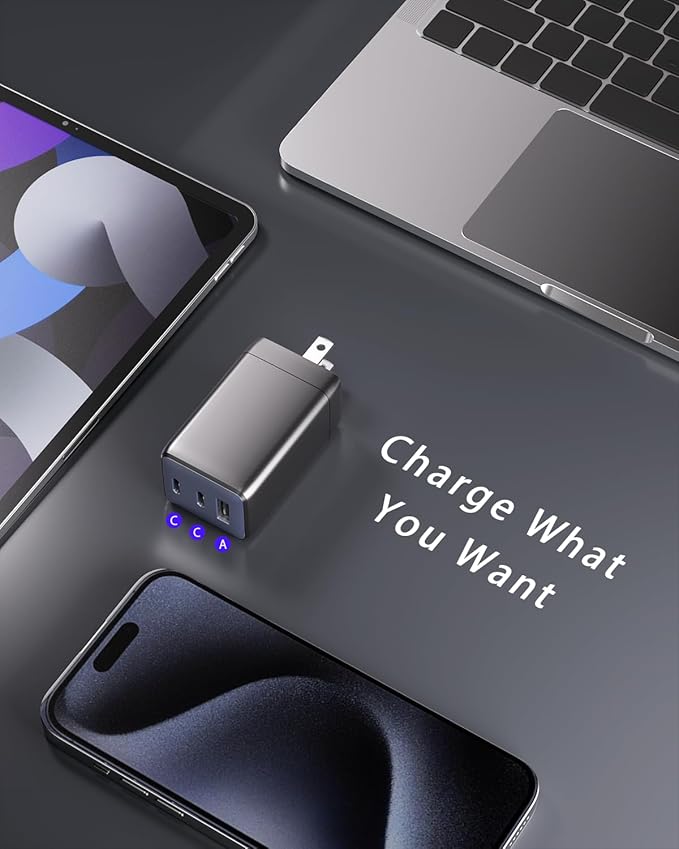 USB C Charger, 67W 3-Port GaN Fast Compact Foldable for MacBook Pro/Air, Pixelbook, iPad Pro, iPhone 16/15/Pro, Galaxy S25/S24, Note20, Pixel, Apple Watch
