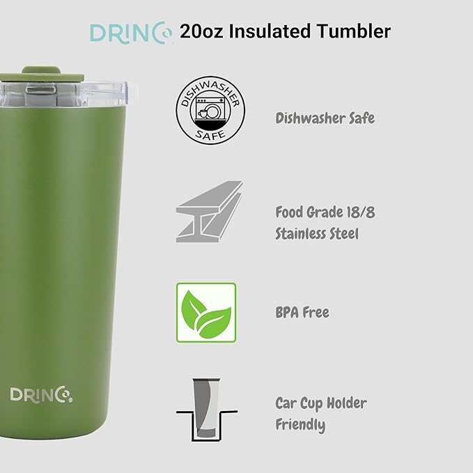 Drinco - 20 oz Stainless Steel Tumbler | Double Walled Vacuum Insulated Mug With Lid, 2 Straws, For Hot & Cold Drinks (20oz Forest, 20oz)