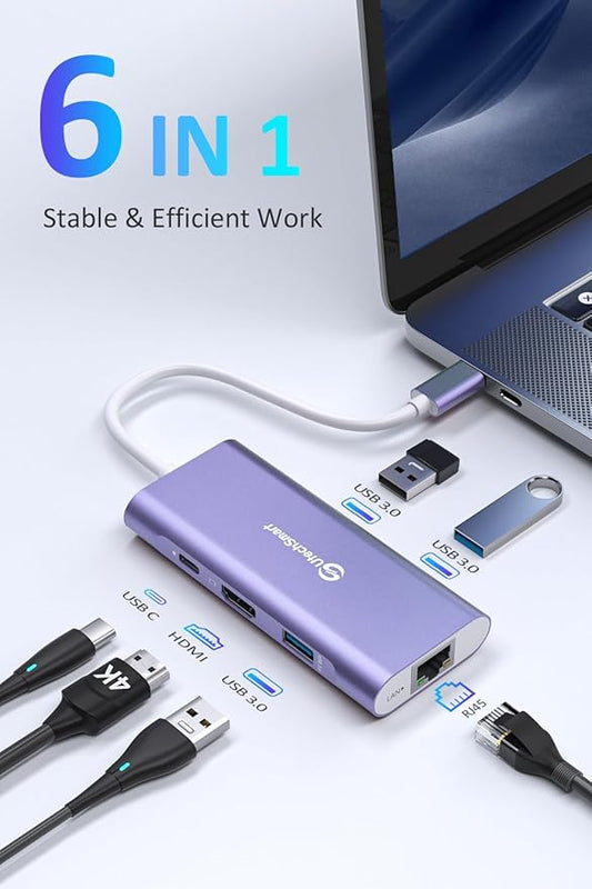 UtechSmart USB C Hub, Ethernet Multiport Adapter 6 In 1 USB C to HDMI Dock Compatible for Macbook Pro/Air, Chromebook, Dell XPS, HP and Type C Devices (Gigabit Ethernet 100W PD 4K HDMI USB 3.0) Purple