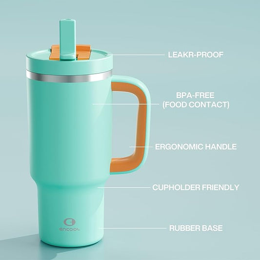 32 oz Tumbler with Handle and Straw: Stainless Steel Insulated Tumbler Keeps Cold for 24 Hours, Leakproof Travel Cup Fits in Cup Holder and BPA-Free, Soft Cyan