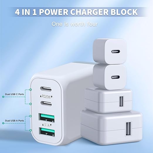 USB C Charger Fast Charging Block,2 Pack 40W PD 4 Port USB C Charger Block Dual Type C Power Adapter+Dual USB-A QC Wall Charging Plug Multiport Brick for iPhone 16/15/14/13/12/11/iPad Pro/Air/Airpods
