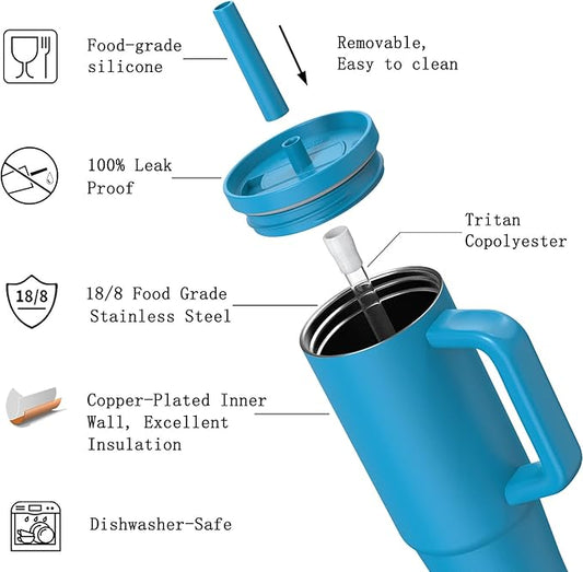 TILUCK 30 oz Tumbler with Handle, Vacuum Insulated Stainless Steel Travel Mug with 100% Leak-Proof Silicone Straw Lid, Cupholder Friendly Water Bottle(LakeBlue, 30oz)
