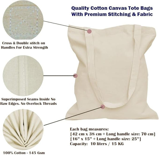 5|6|12|24 Pack Cotton Canvas Tote Bags, Reusable Shopping Grocery Bag, 16”x15” Blank Bulk Cloth Bags for DIY & Promo