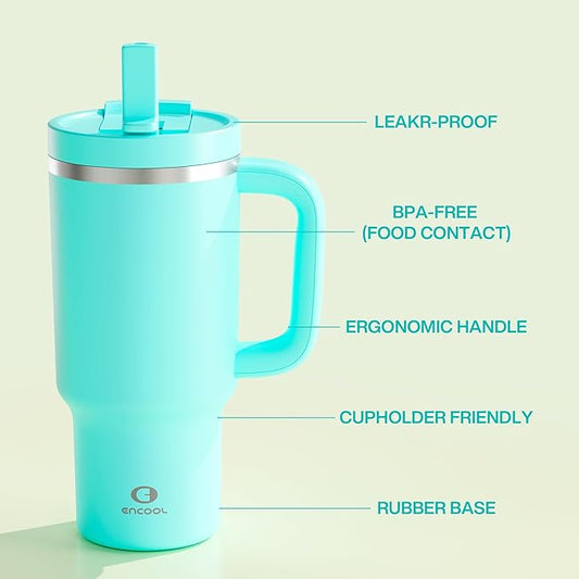 32 oz Tumbler with Handle and Straw: Stainless Steel Insulated Tumbler Keeps Cold for 24 Hours, Leakproof Travel Cup Fits in Cup Holder and BPA-Free, Aquamarine Blue