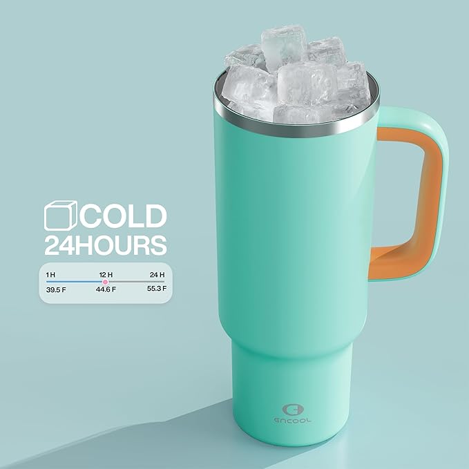40 oz Tumbler with Handle and Straw: Stainless Steel Insulated Tumbler Keeps Cold for 24 Hours, Leakproof Travel Cup Fits in Cup Holder and BPA-Free, Soft Cyan