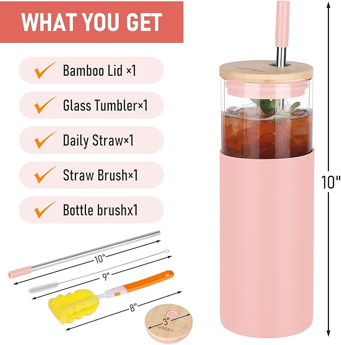 Glass Tumbler w/Lids & Straw: 24 oz Reusable Glass Cup w/Bamboo Lid, Stainless Steel Straws, BPA-Free, Leak-Proof, Dishwasher Safe for Coffee/Smoothies/Hot Beverage, Travel/Office/Home Use, 1-Pk