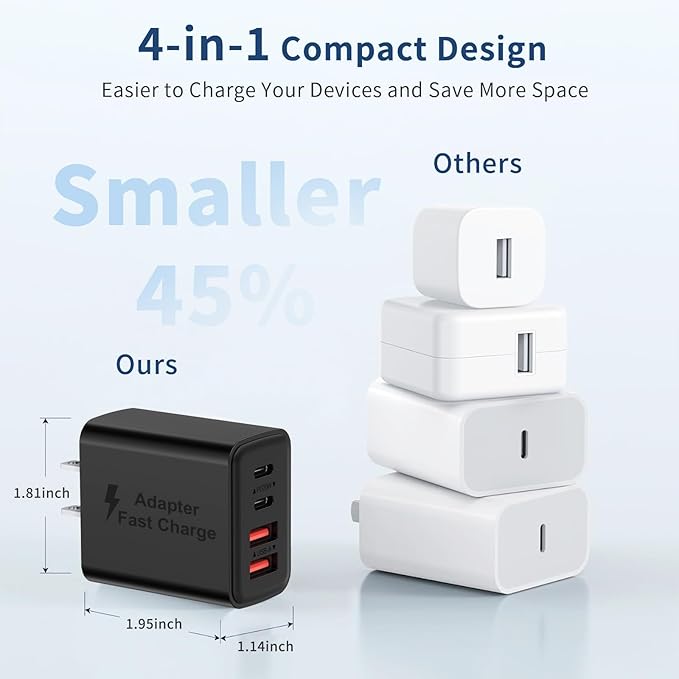 USB C Charger Block 40W, 3Pack 4-Port Type C Fast Charging Blocks, PD USB C Wall Plug + QC USB A Charger Cube Multiport Plug Compatible with iPhone 16 15 14 13 12 11 Pro Max XS, Pad, Samsung