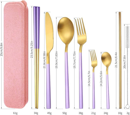 AARainbow 8 Pieces Stainless Steel Flatware Set Portable Reusable Cutlery Set Travel Utensils Set Including Chopsticks Knife Fork Spoon Straws Cleaning Brush Dishwasher Safe (B-Purple Golden)