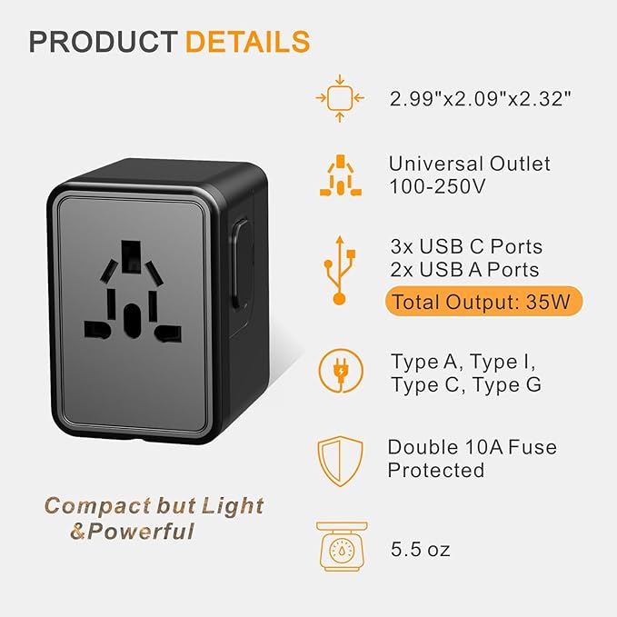 Universal Travel Adapter Worldwide- 35W GaN III/PD Fast Charge European Travel Plug Adapter with 3 USB-C& 2 USB-A Ports, International Power Adapter for US to Europe UK AUS Japan(Type C/G/A/I) (black)