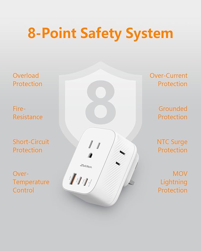 UK Travel Plug Adapter (2 Pack), Type G Plug Adapter with 30W GaN Fast Charger, 3 AC Outlets, 2 USB-C & 1 USB-A Ports, Surge Protection, Power Adapter for UK, Ireland, Singapore, Hong Kong & More