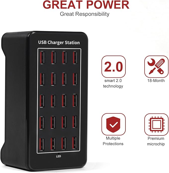 20-Port 100 W(20 A) Multiple USB Charger Station,RISWOJOR Multiport USB Charging Station with Intelligent Detection, Compatible with Smartphones, Tablets, and More Devices