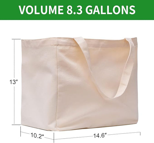 3 Pack Canvas Shopping Bags for Groceries, Holds 60 lbs Heavy Duty Reusable Canvas Grocery Bag, 8.3 gal Multi-Purpose Washable Canvas Grocery Bags Reusable Shopping Bags with 5 Pockets, Off white