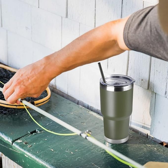 DOMICARE 30 oz Tumbler with Lid and Straw, Stainless Steel Tumblers Bulk, Insulated Vacuum Double Wall Travel Coffee Mug, Durable Powder Coated Tumbler Cups (Army Green, 8)