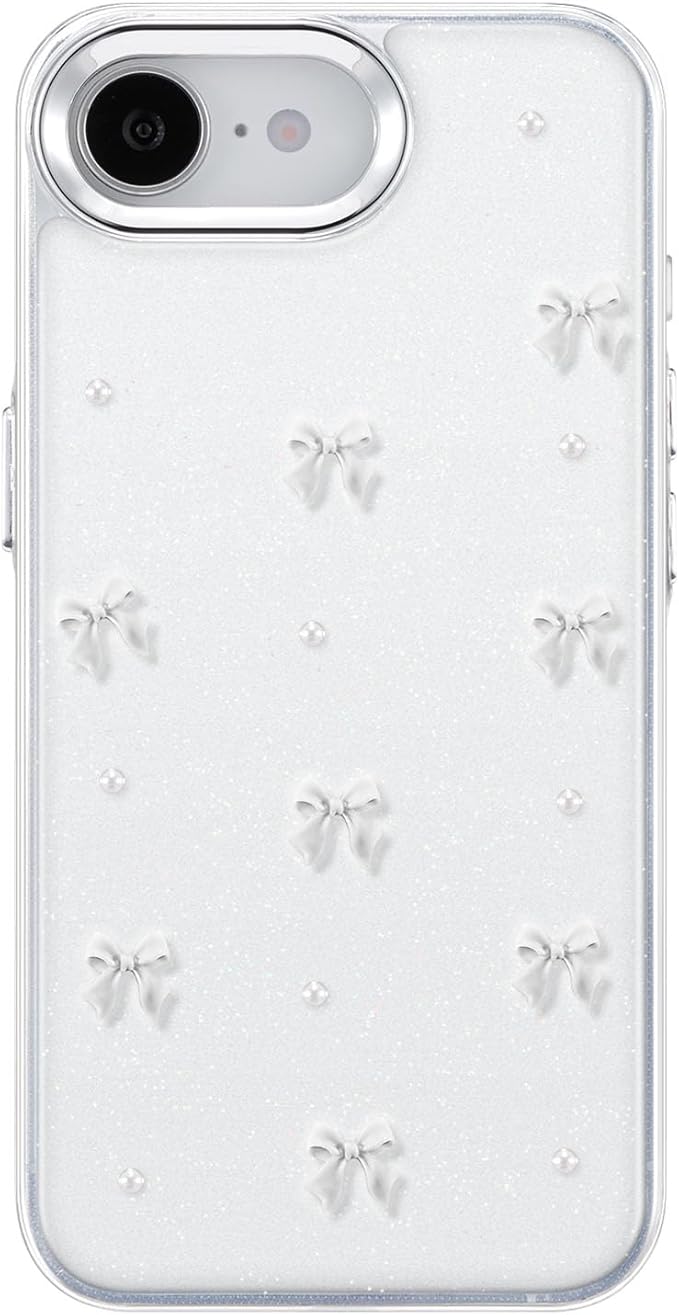 EYZUTAK Case for iPhone 16e, Bling Glitter 3D Bowknot Phone Case Cute Sparkly Crystal Clear Bow Aesthetic Design Cover Slim Soft Durable TPU Transparent Protective Cover for Women Girl - White Bow