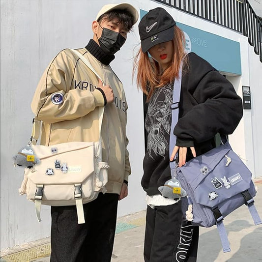 Nylon Messenger Bag Kawaii Crossbody Bag with Cute Pins Aesthetic Shoulder Bag for Women and Men